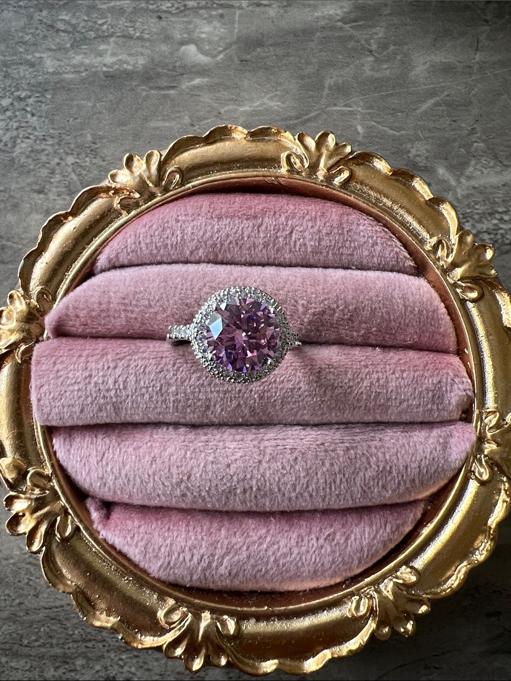 Pink Halo Round Cut Ring with Pavé Band size 8 as is but adjustable fashion